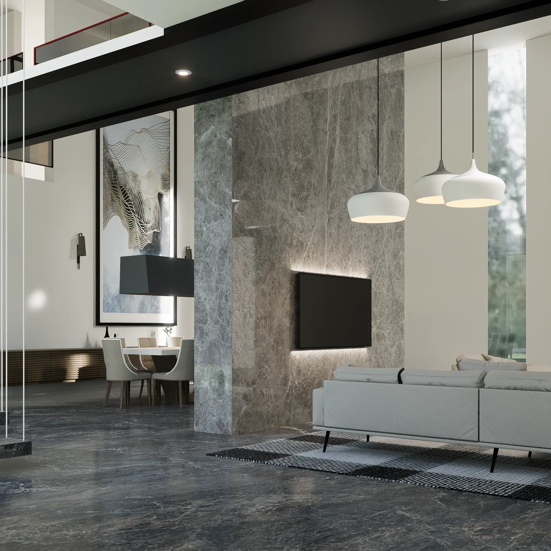 Elegant modern living room with marble accents and bespoke furniture